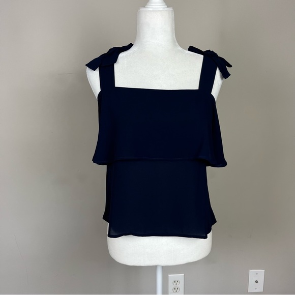 LOFT TIERED SQUARE NECK TANK TOP BOW STRAPS SIZE SMALL PETITE NAVY BLUE - Picture 10 of 16